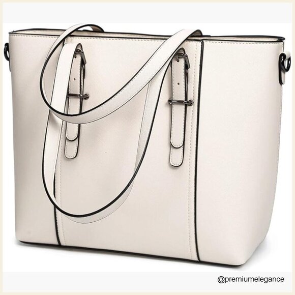 Handbags - Faux Leather Satchel Tote with Adjustable Crossbody Strap, 6 Compartments